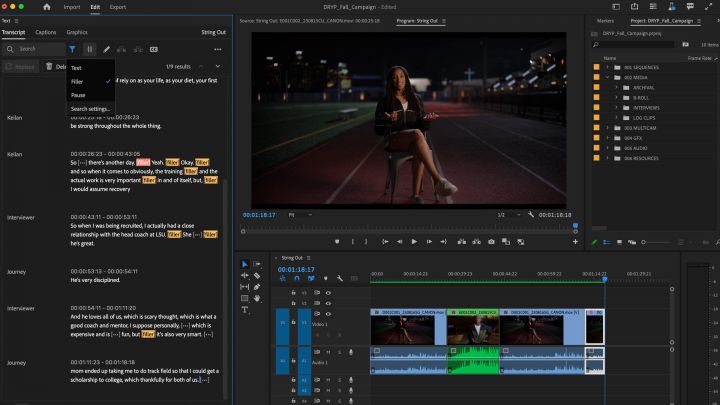 Adobe Premiere Pro Text Based Editing Filler Word Detection